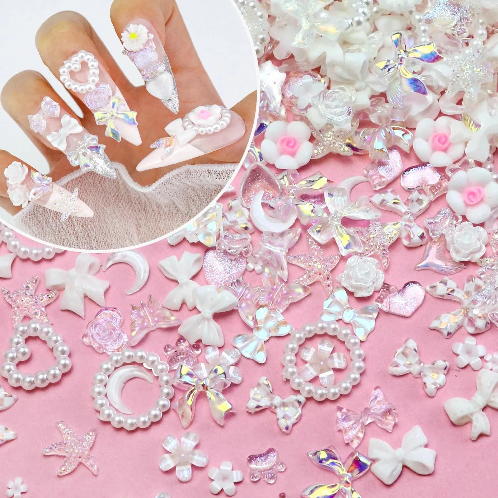 Briskbloom 320PCS White Assorted 3D Nail Charms | DIY Nail Art & Crafts — 01-White Princess Blend