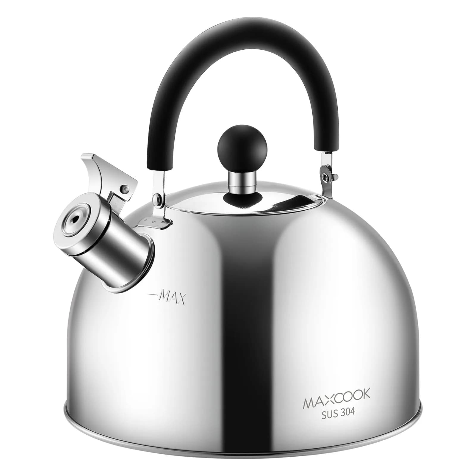 MAXCOOK 304 Stainless Steel Whistling Tea Kettle 3.17 Quart (3L) | Heats Water Fast on All Stovetops — Silver
