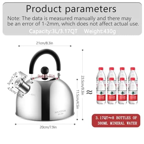 MAXCOOK 304 Stainless Steel Whistling Tea Kettle 3.17 Quart (3L) | Heats Water Fast on All Stovetops thumbnail 5