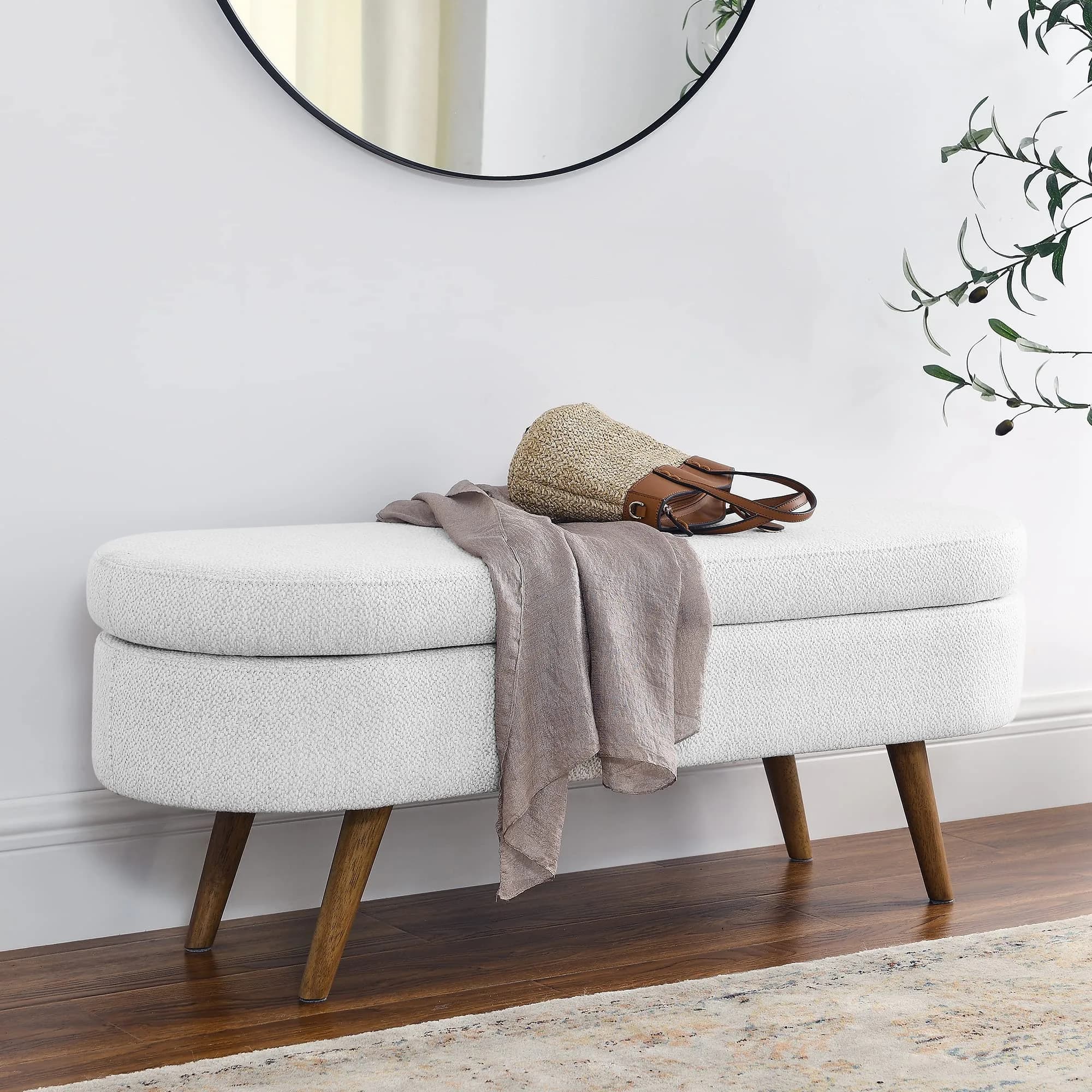 DESIGNER97 Elegant Upholstered Ottoman Oval Storage Bench with Rubber Wood Legs for Hallway Living Room Bedroom White (43.5" W x 16" D x 16" H)