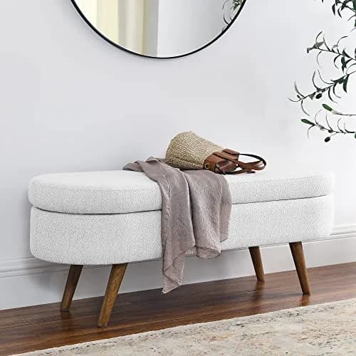 DESIGNER97 Elegant Upholstered Ottoman Oval Storage Bench with Rubber Wood Legs for Hallway Living Room Bedroom White (43.5" W x 16" D x 16" H) thumbnail 1