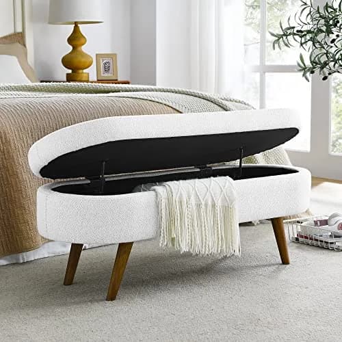 DESIGNER97 Elegant Upholstered Ottoman Oval Storage Bench with Rubber Wood Legs for Hallway Living Room Bedroom White (43.5" W x 16" D x 16" H) thumbnail 4