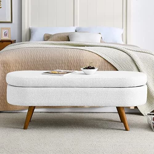 DESIGNER97 Elegant Upholstered Ottoman Oval Storage Bench with Rubber Wood Legs for Hallway Living Room Bedroom White (43.5" W x 16" D x 16" H) thumbnail 5