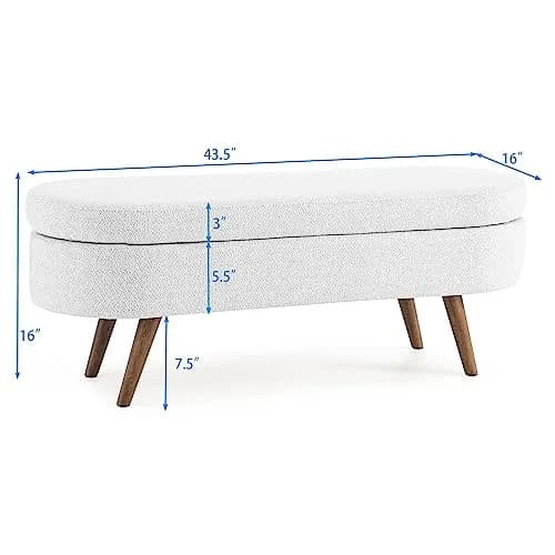 DESIGNER97 Elegant Upholstered Ottoman Oval Storage Bench with Rubber Wood Legs for Hallway Living Room Bedroom White (43.5" W x 16" D x 16" H) thumbnail 6