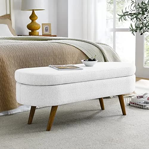 DESIGNER97 Elegant Upholstered Ottoman Oval Storage Bench with Rubber Wood Legs for Hallway Living Room Bedroom White (43.5" W x 16" D x 16" H) thumbnail 2