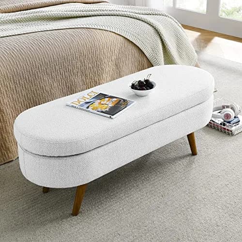 DESIGNER97 Elegant Upholstered Ottoman Oval Storage Bench with Rubber Wood Legs for Hallway Living Room Bedroom White (43.5" W x 16" D x 16" H) thumbnail 3