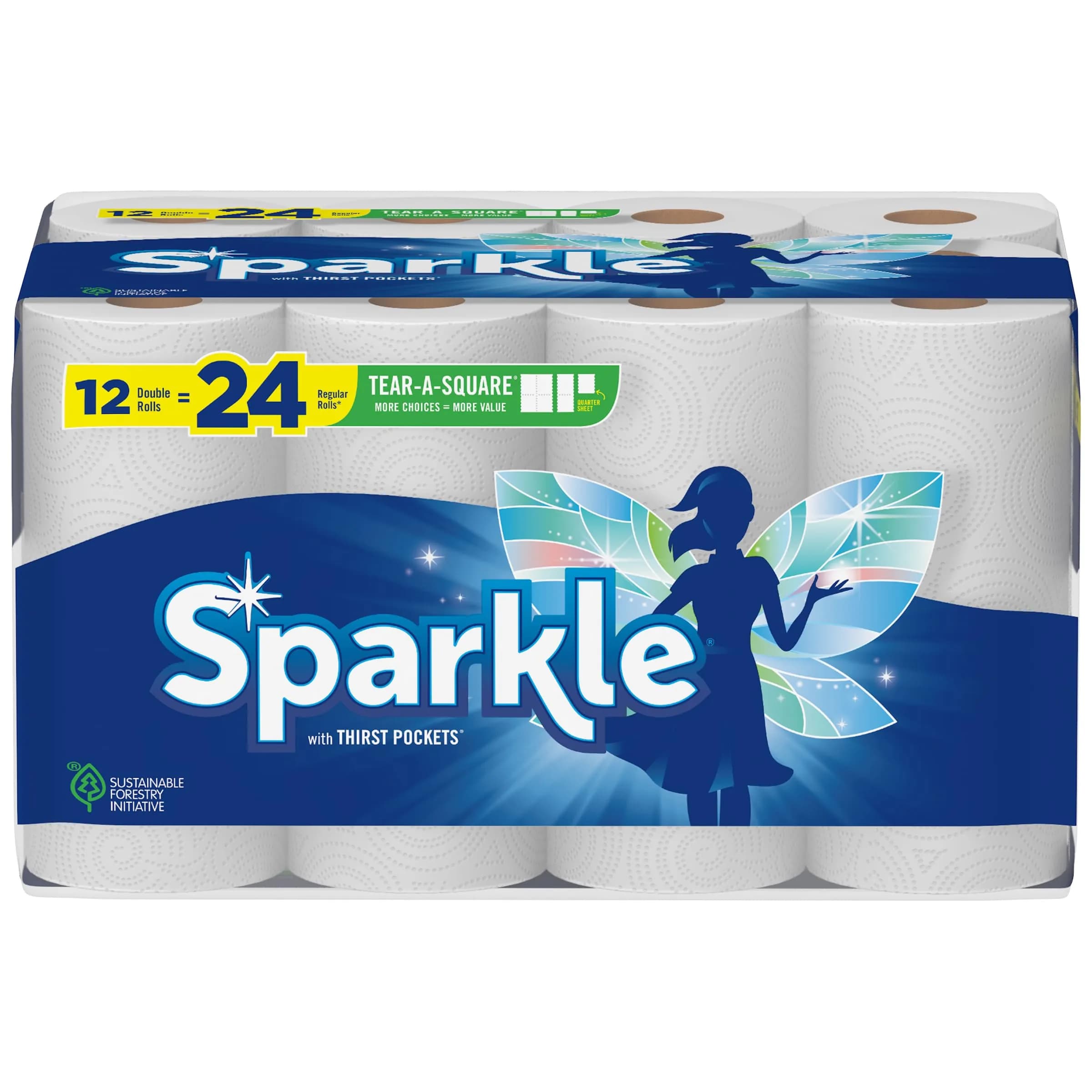 Sparkle Tear-A-Square Paper Towels, 24 Double Rolls (3024 Sheets) | 2-Ply Absorbent & Strong — Double / 110 Sheet