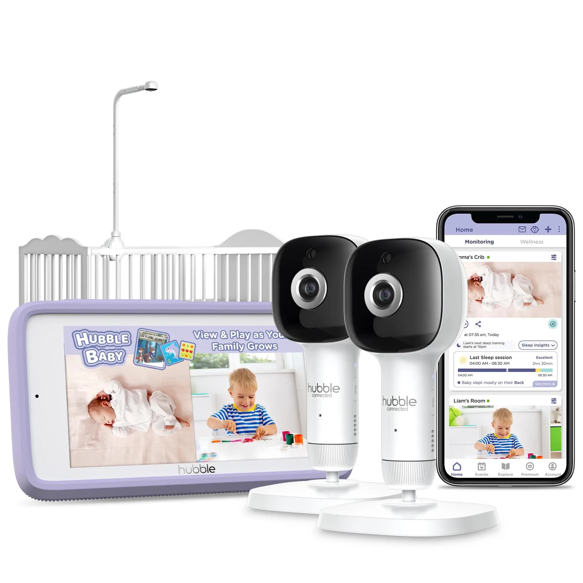 Hubble Connected SkyVision Pro Twin AI-Enhanced 2 HD Smart Camera Baby Monitors, Parent Unit, Mount, Remote Pan Tilt Zoom, 2-Way Talk, Night Vision, Nightlight, Soothing Sounds, Wellness Tracker, App