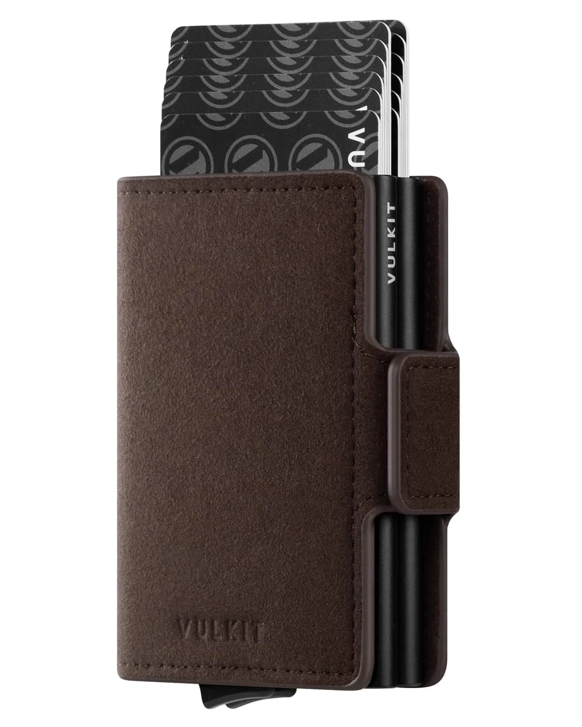 VULKIT Alcantara Brown Automatic Pop Up Double Card Holder RFID Blocking Leather Magnetic Wallet - main product image