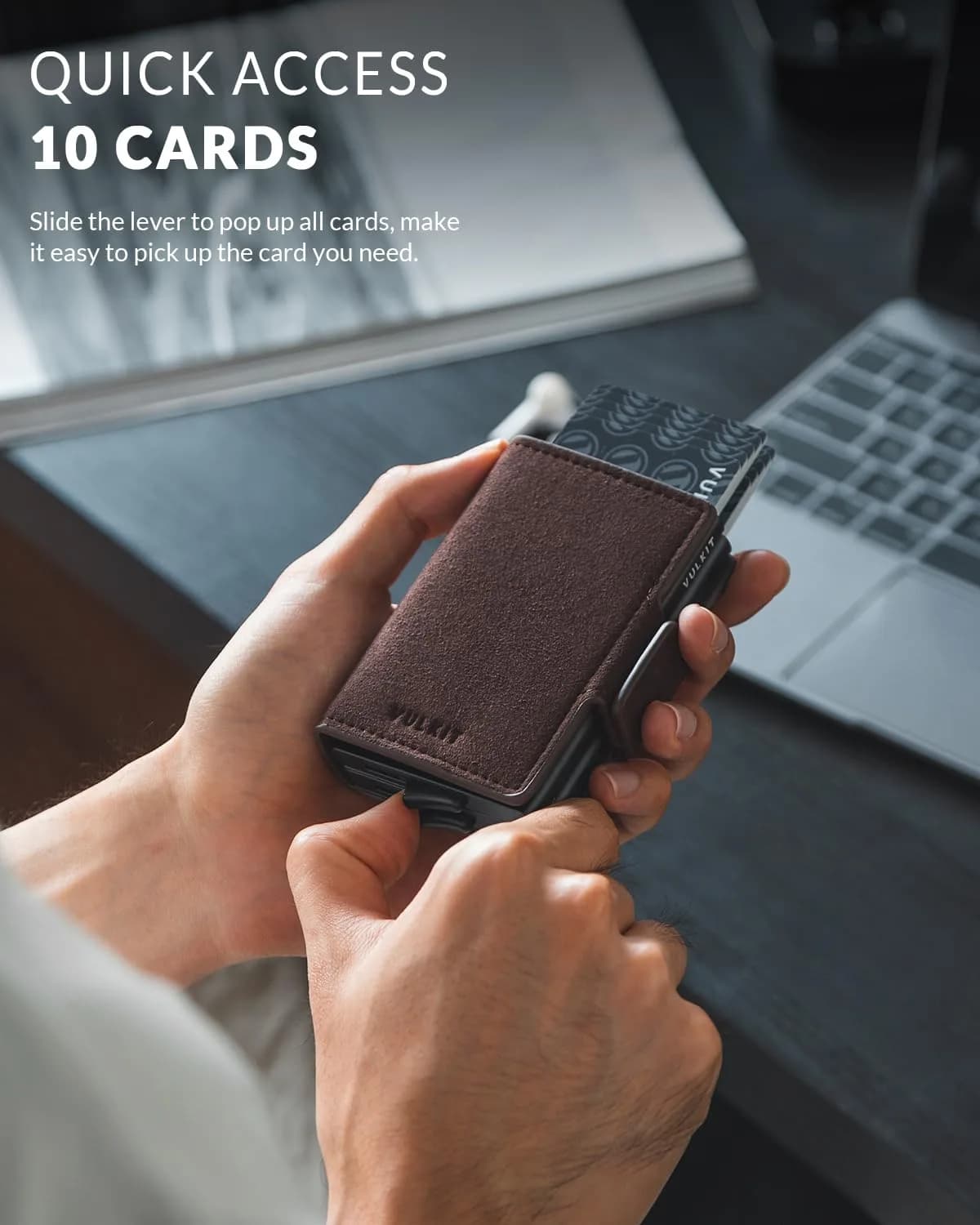 VULKIT Alcantara Brown Automatic Pop Up Double Card Holder RFID Blocking Leather Magnetic Wallet - view 2
