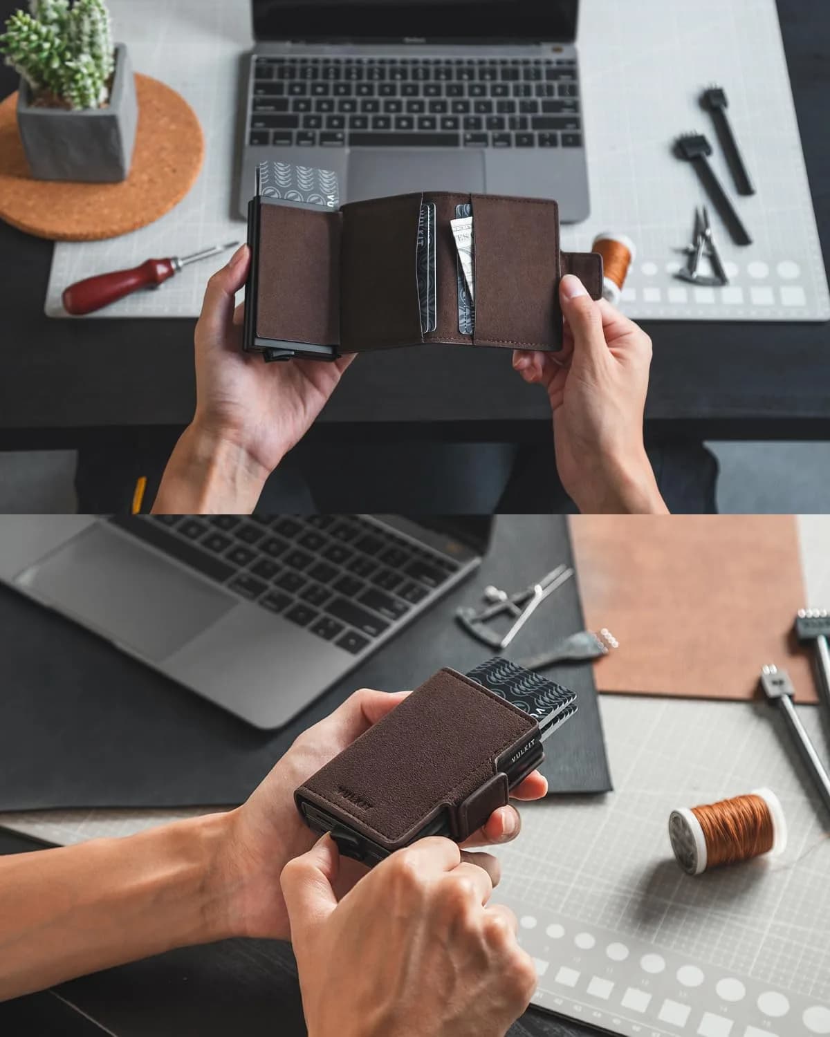 VULKIT Alcantara Brown Automatic Pop Up Double Card Holder RFID Blocking Leather Magnetic Wallet - view 4