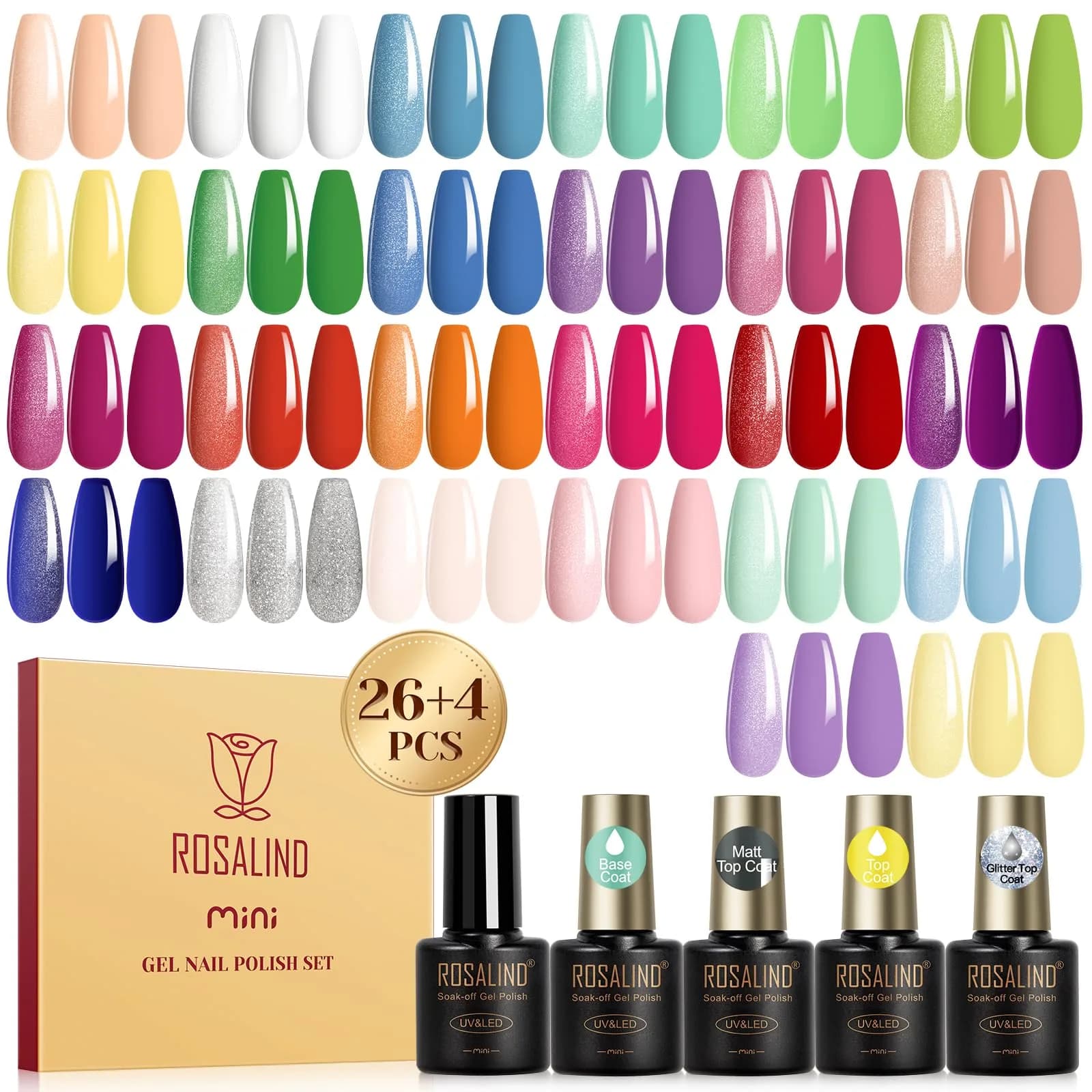 ROSALIND 30PCS Pastel Gel Nail Polish Set, 5ml (0.17 Fl Oz) Each | 26 Bright Neon Colors with Base & Glitter Top Coats — Neon bright colors