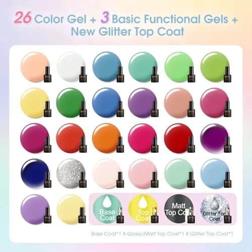 ROSALIND 30PCS Pastel Gel Nail Polish Set, 5ml (0.17 Fl Oz) Each | 26 Bright Neon Colors with Base & Glitter Top Coats thumbnail 2