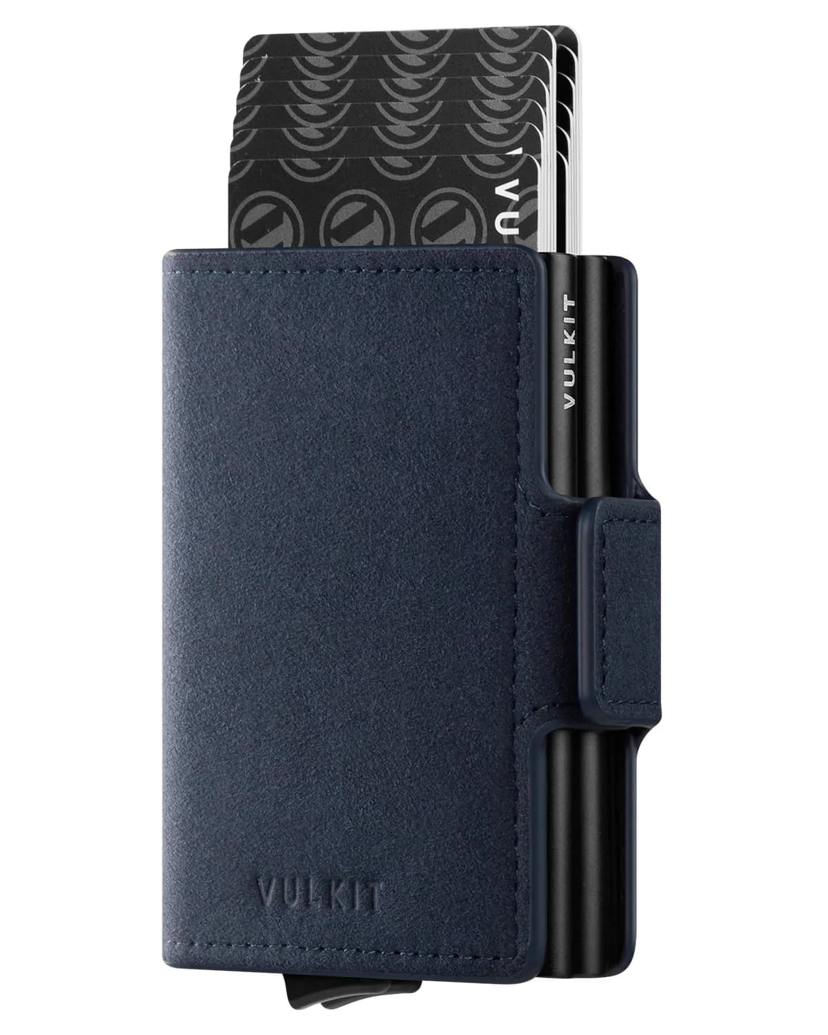 VULKIT Alcantara Navy Automatic Pop Up Double Card Holder RFID Blocking Leather Magnetic Wallet - main product image