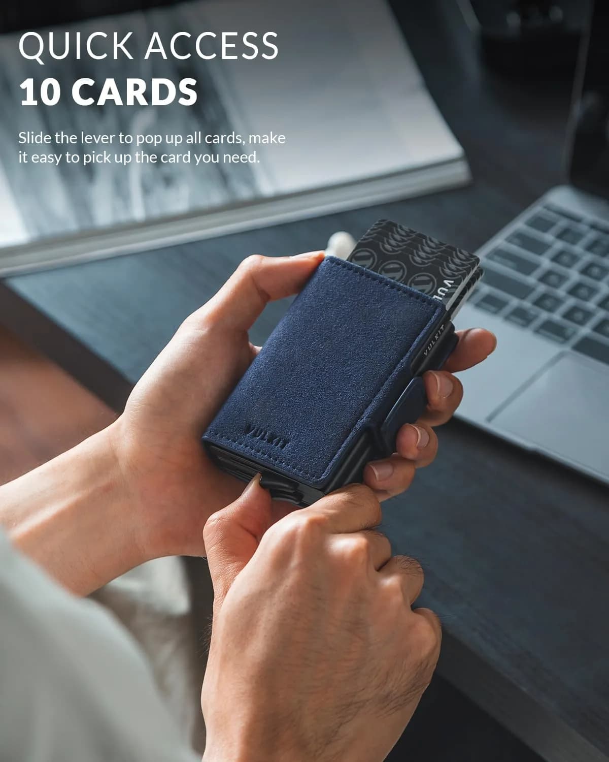 VULKIT Alcantara Navy Automatic Pop Up Double Card Holder RFID Blocking Leather Magnetic Wallet - view 2