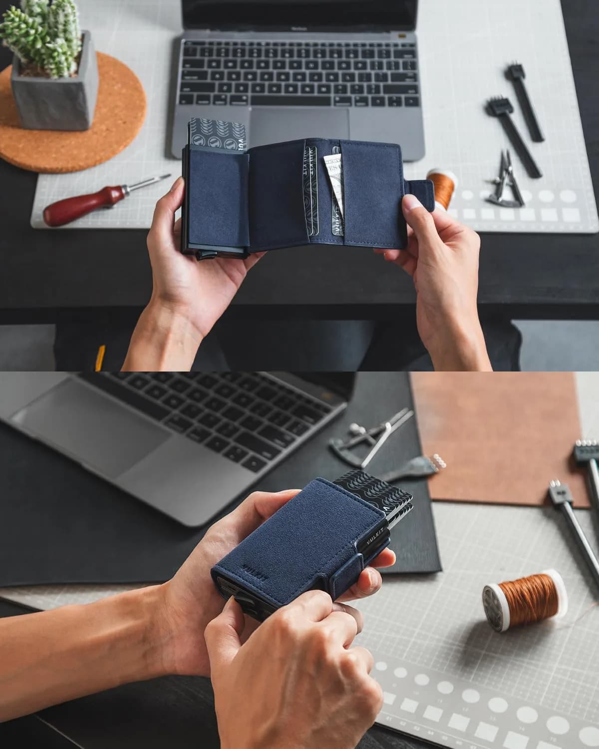 VULKIT Alcantara Navy Automatic Pop Up Double Card Holder RFID Blocking Leather Magnetic Wallet - view 4