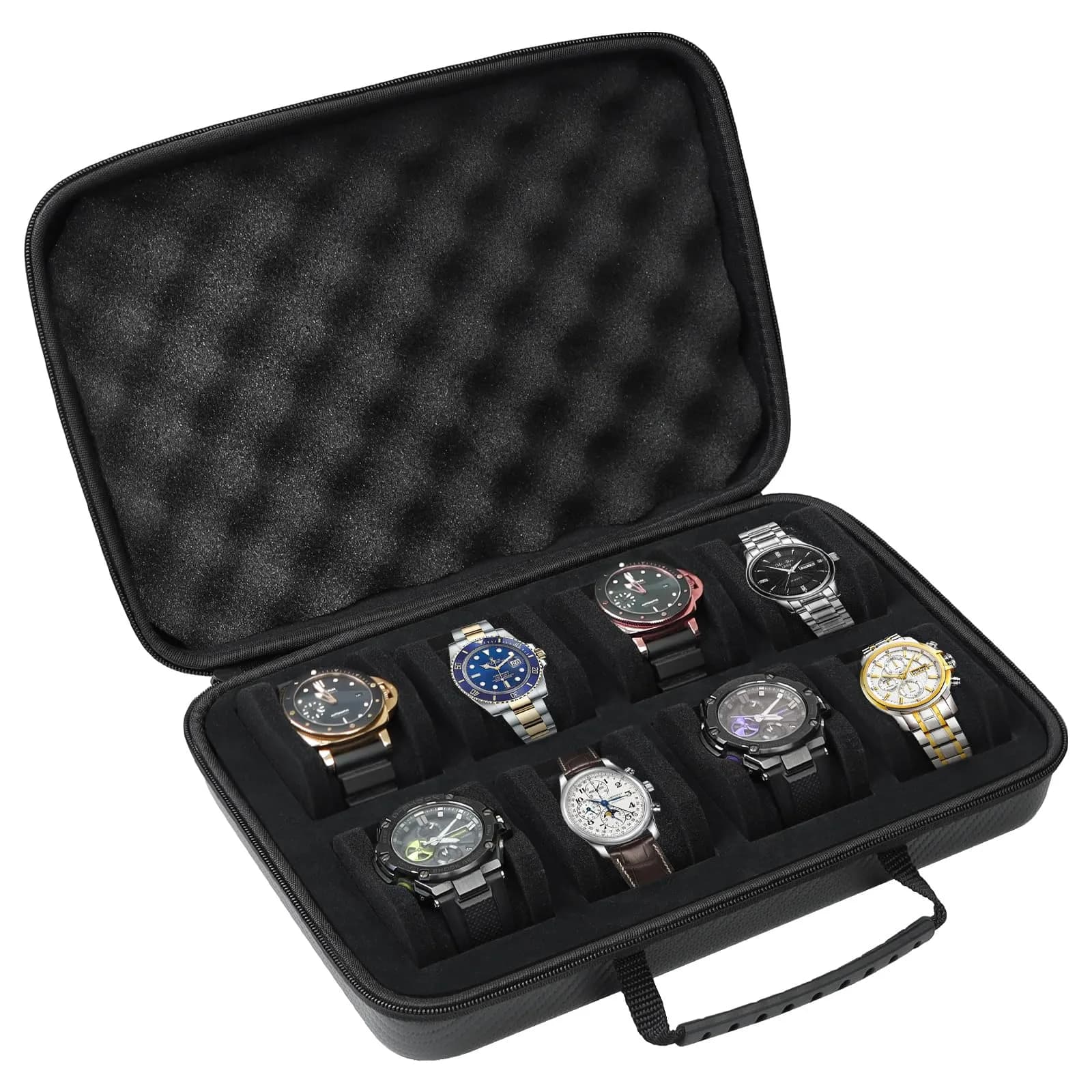 CAIOVSE Watch Travel Case, 8 Slots | Hard Watch Organizer with Removable Shockproof Pillows — Black