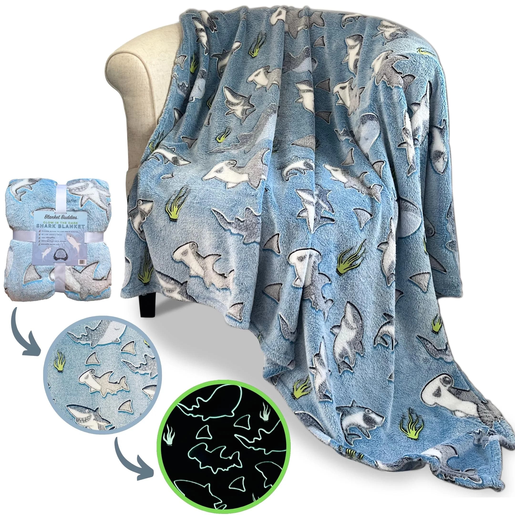 Blanket Buddies Glow in The Dark Shark Fleece Throw Blanket 127cm x 152cm (50" x 60") | Soft, Lightweight, Warm for Boys & Girls — Blue