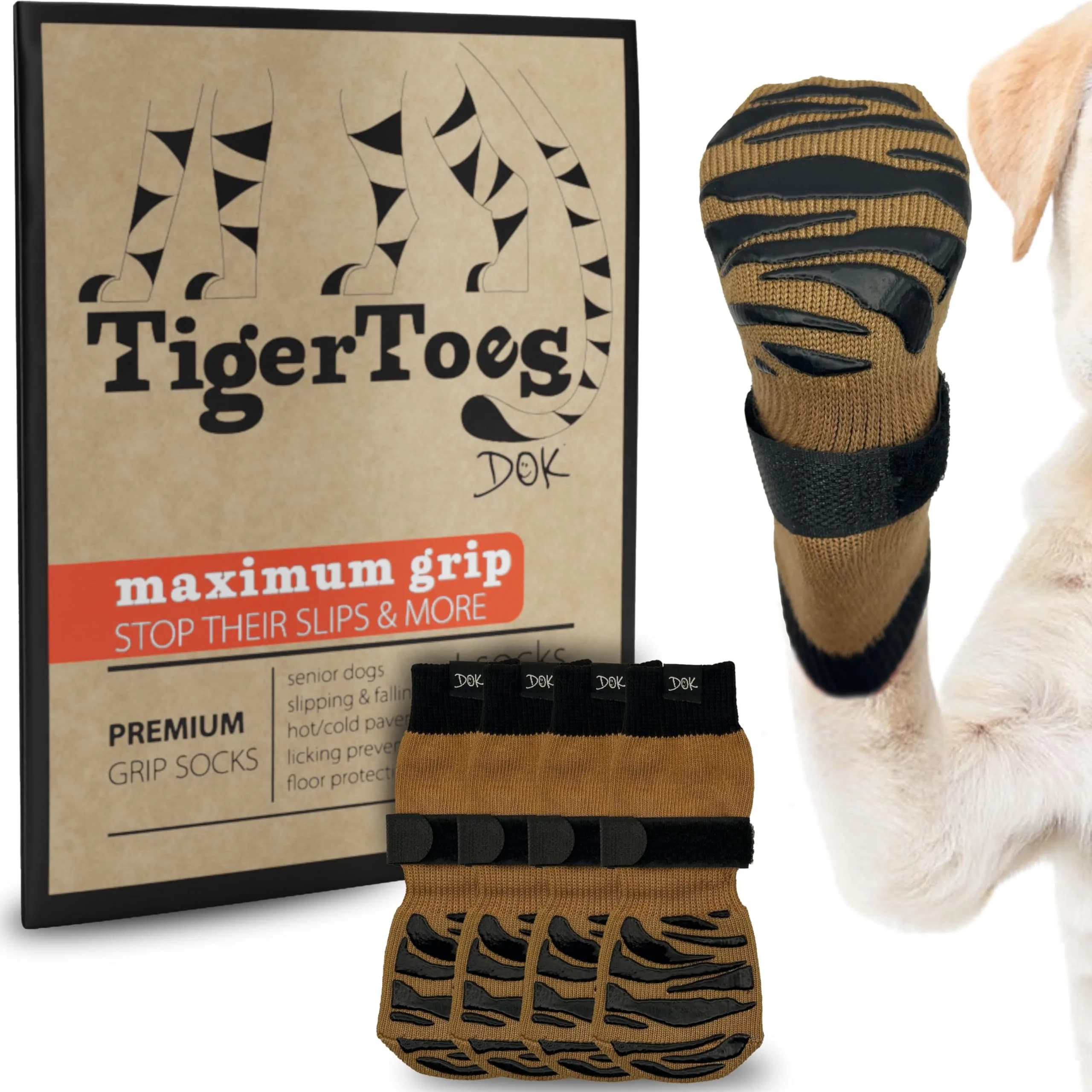 DOK TigerToes Premium Non-Slip Dog Socks Large (2.5"-2.8" Paw Width) | Extra-Thick Grip for Hardwood Floors & Hot Pavement - main product image