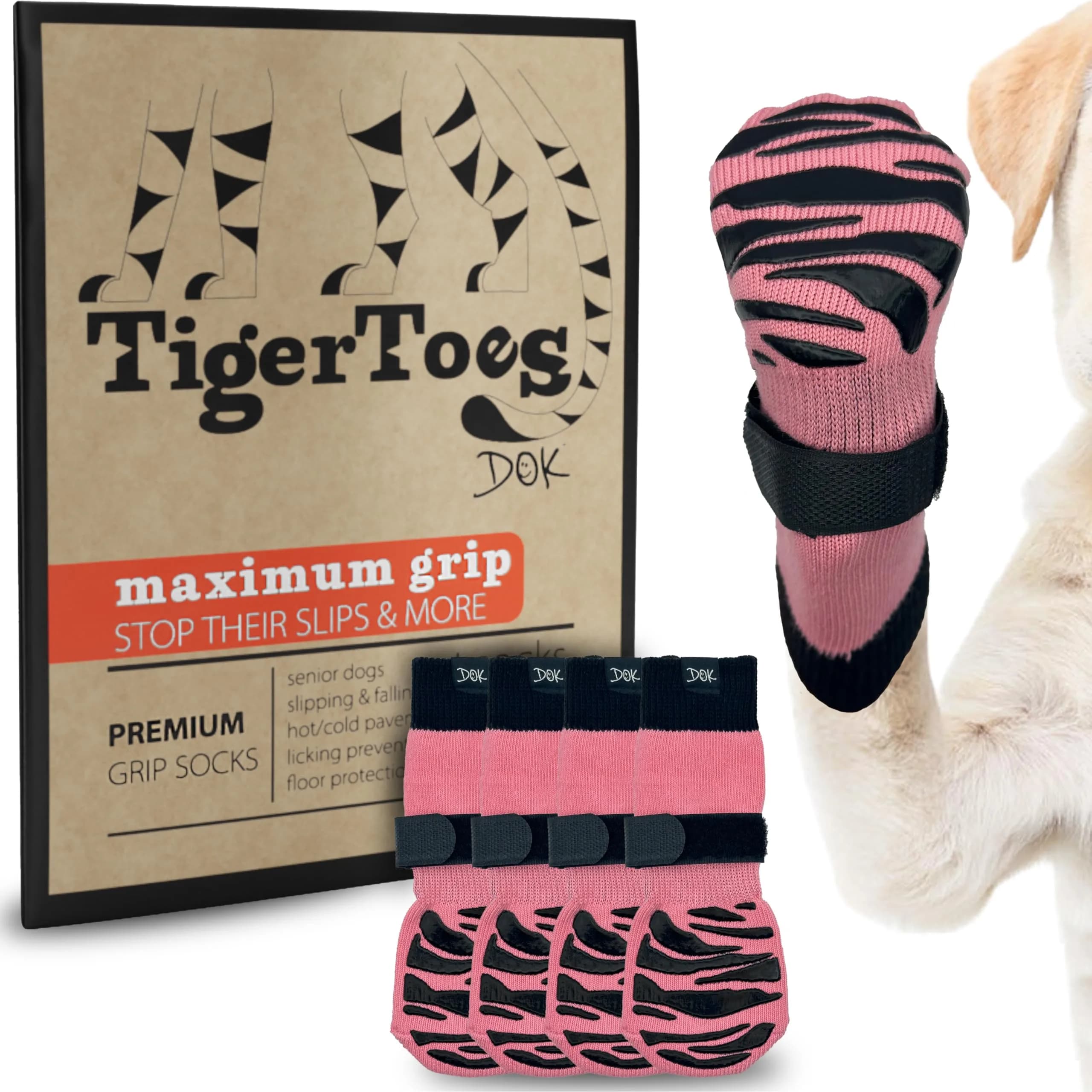 DOK TigerToes Non-Slip Dog Socks XL (2.9"-3.4" Paw Width) | 4-Pack for Hardwood Floors & Hot Pavement - main product image