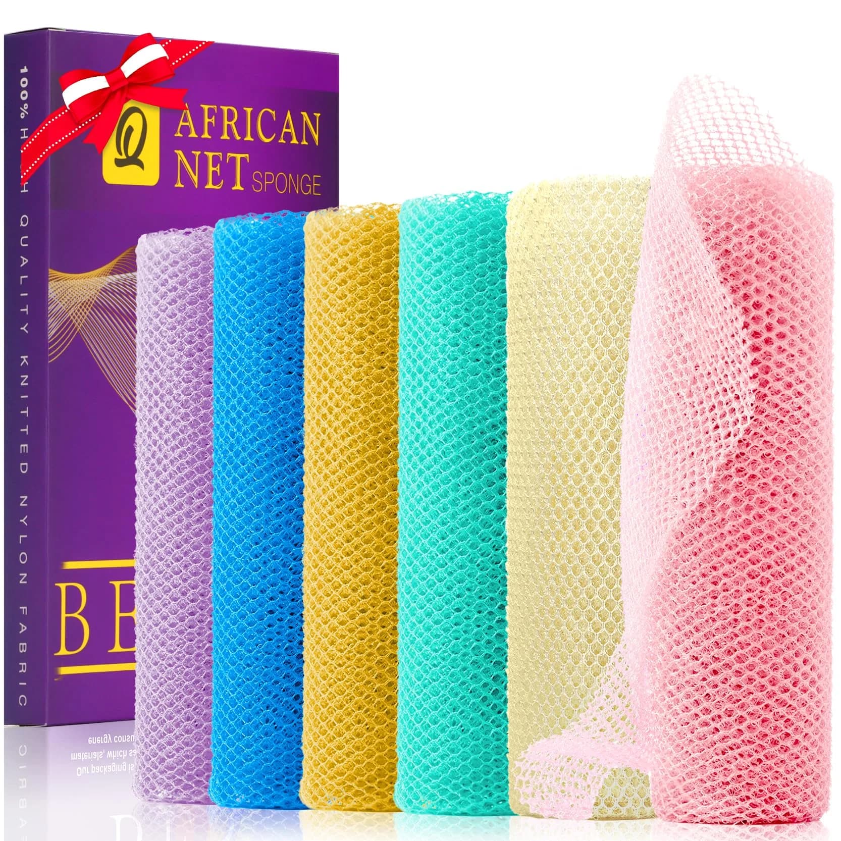 UJFQBH African Net Sponge 80cm (31.5in) Long Bath Sponge Set | 6 Vibrant Colors for Smoother Skin - main product image