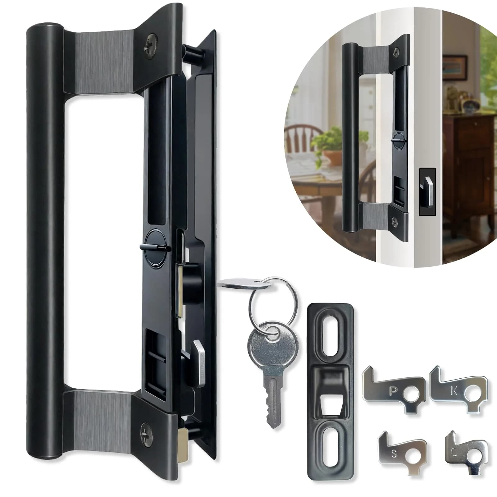 Young Dance Sliding Glass Door Handle Set with Lock | Easy Install, Black, Fits 1-1/8" Door — Black - with Lock