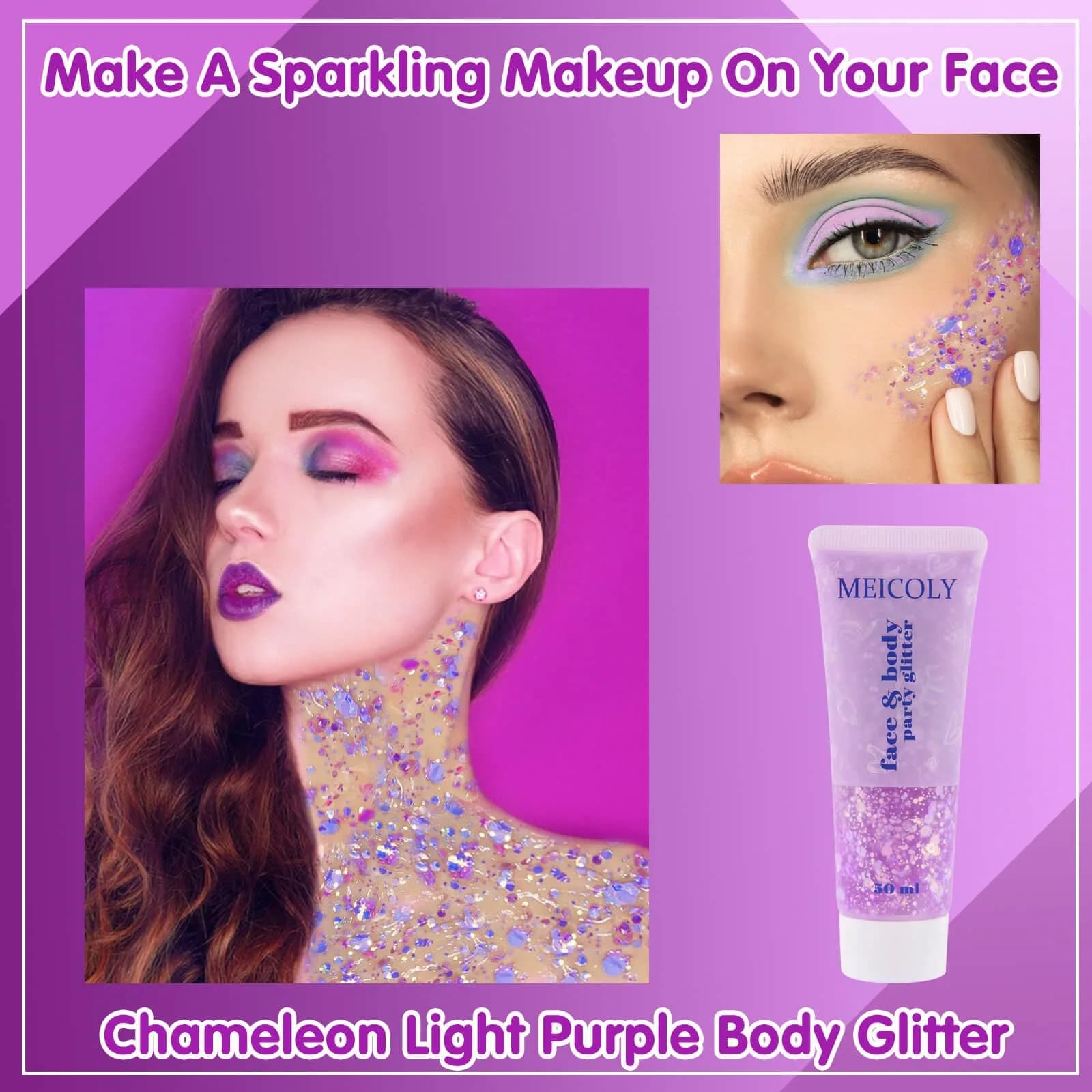 MEICOLY Chameleon Light Purple Glitter Gel | Holographic Chunky Body Glitter for Festivals - view 2