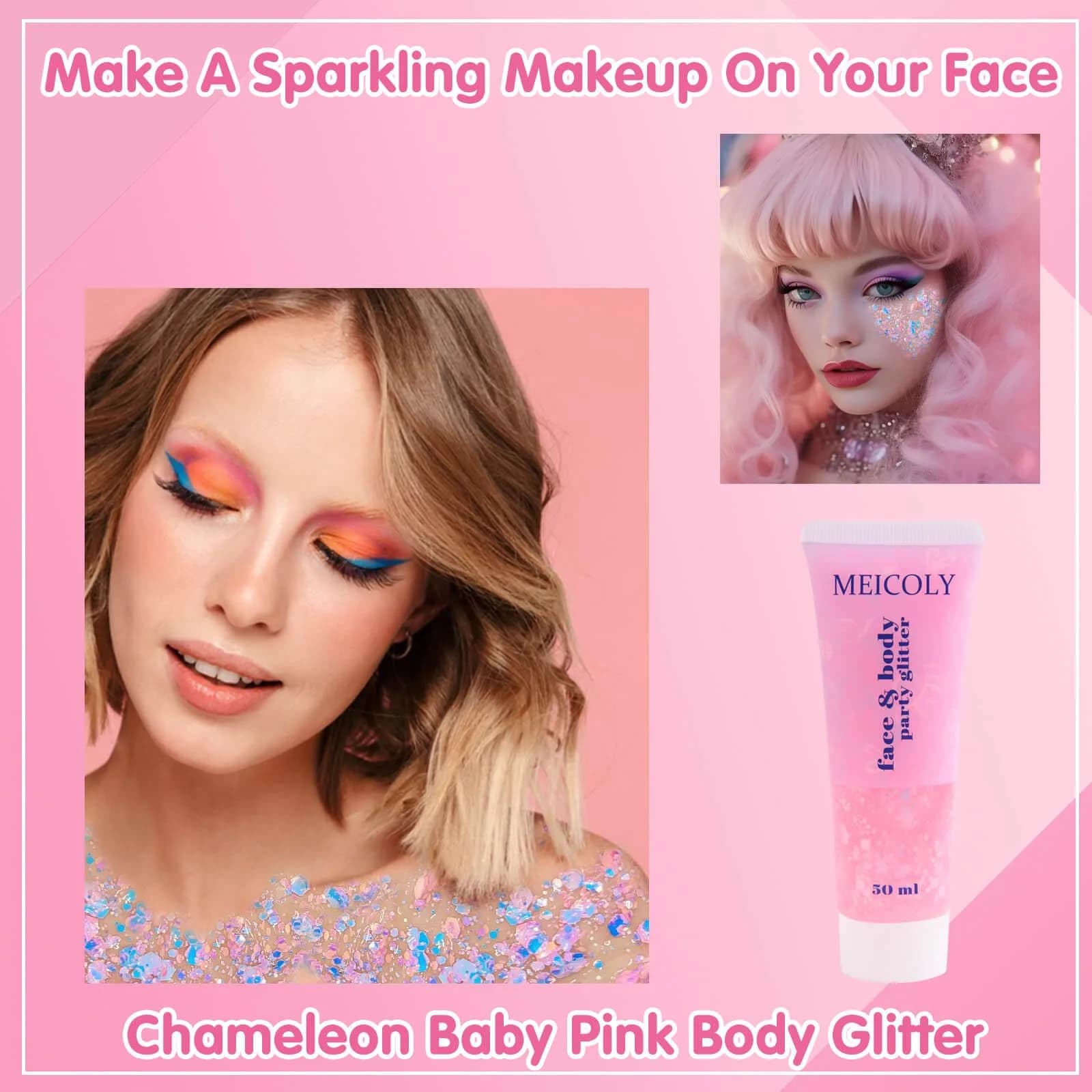 MEICOLY Chameleon Baby Pink Body Glitter Gel 0.93oz (26.4g) | Color-Changing Sparkle for Face, Body & Hair - view 2