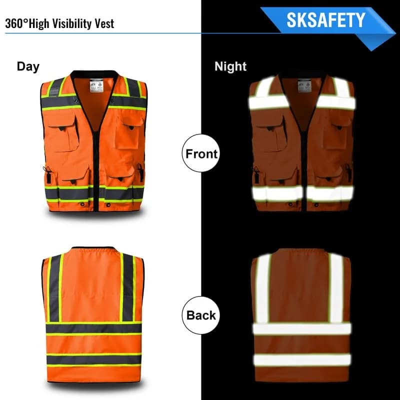 SKSAFETY Class 2 High Visibility Safety Vest with 12 Pockets, ANSI/ISEA Orange, X-Large - view 3