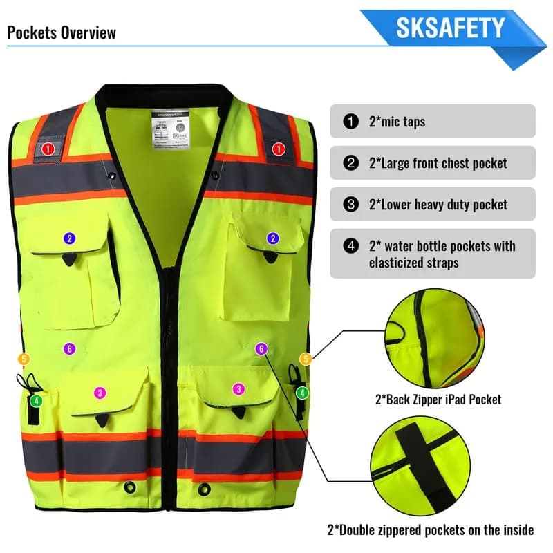 SKSAFETY Class 2 High Visibility Safety Vest with Zipper, ANSI/ISEA Standard, Lime, X-Large (326 g) thumbnail 2