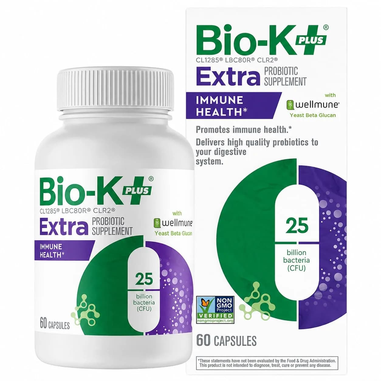 Bio-K+ Immune Health Probiotic, Wellmune®, 25B CFU, Vegan, 60 Capsules | Supports immune & gut health — No Color