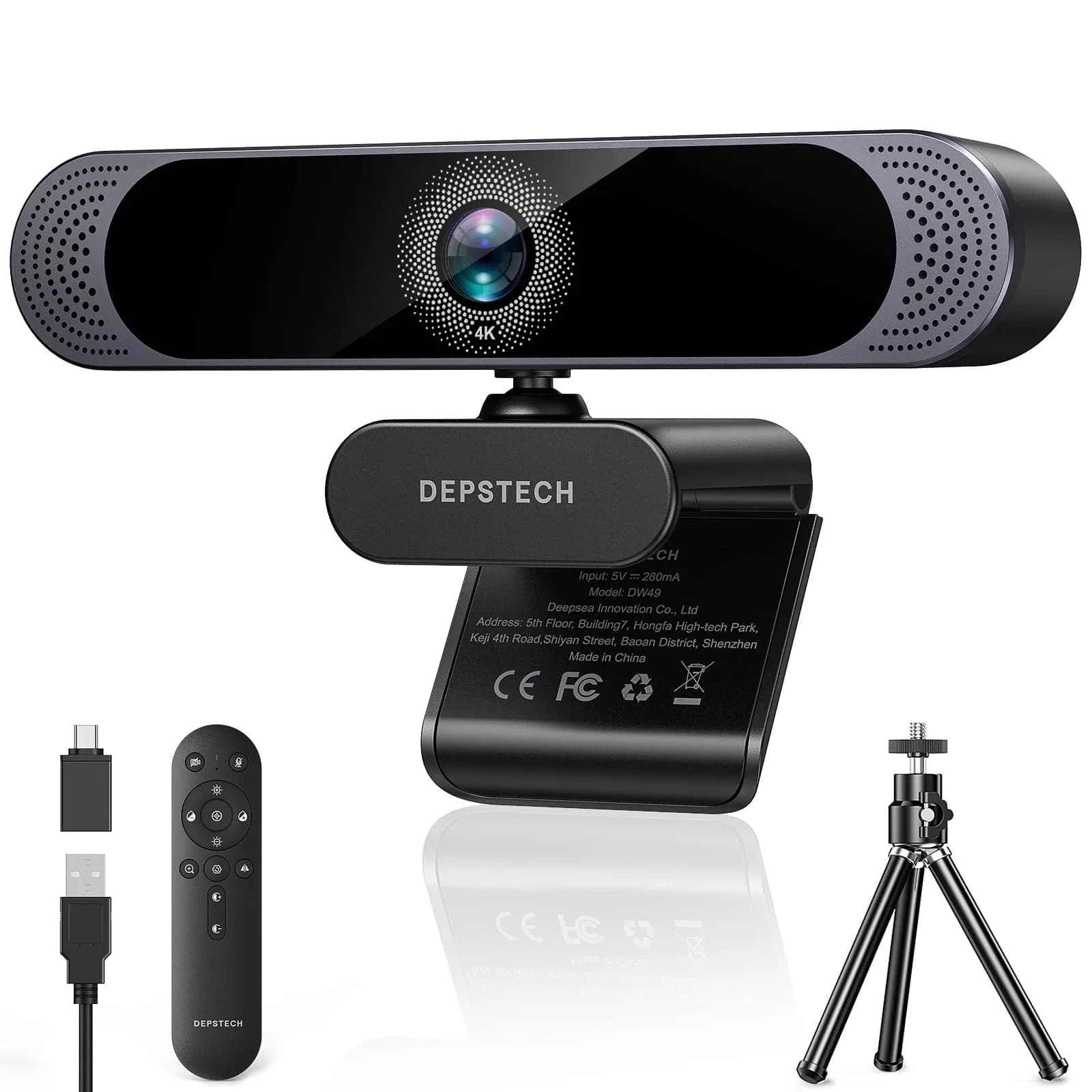 DEPSTECH 4K Webcam DW49 PRO with Remote Control & Sony Sensor | 3840x2160 Resolution, 3x Digital Zoom, Dual Mics