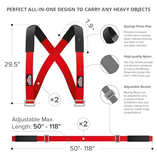 X-Protector Red Lifting Straps for 2 Movers - 2 Pairs (9.83 ft / 3 m) | Heavy Duty Moving Straps for Furniture & Appliances thumbnail 3