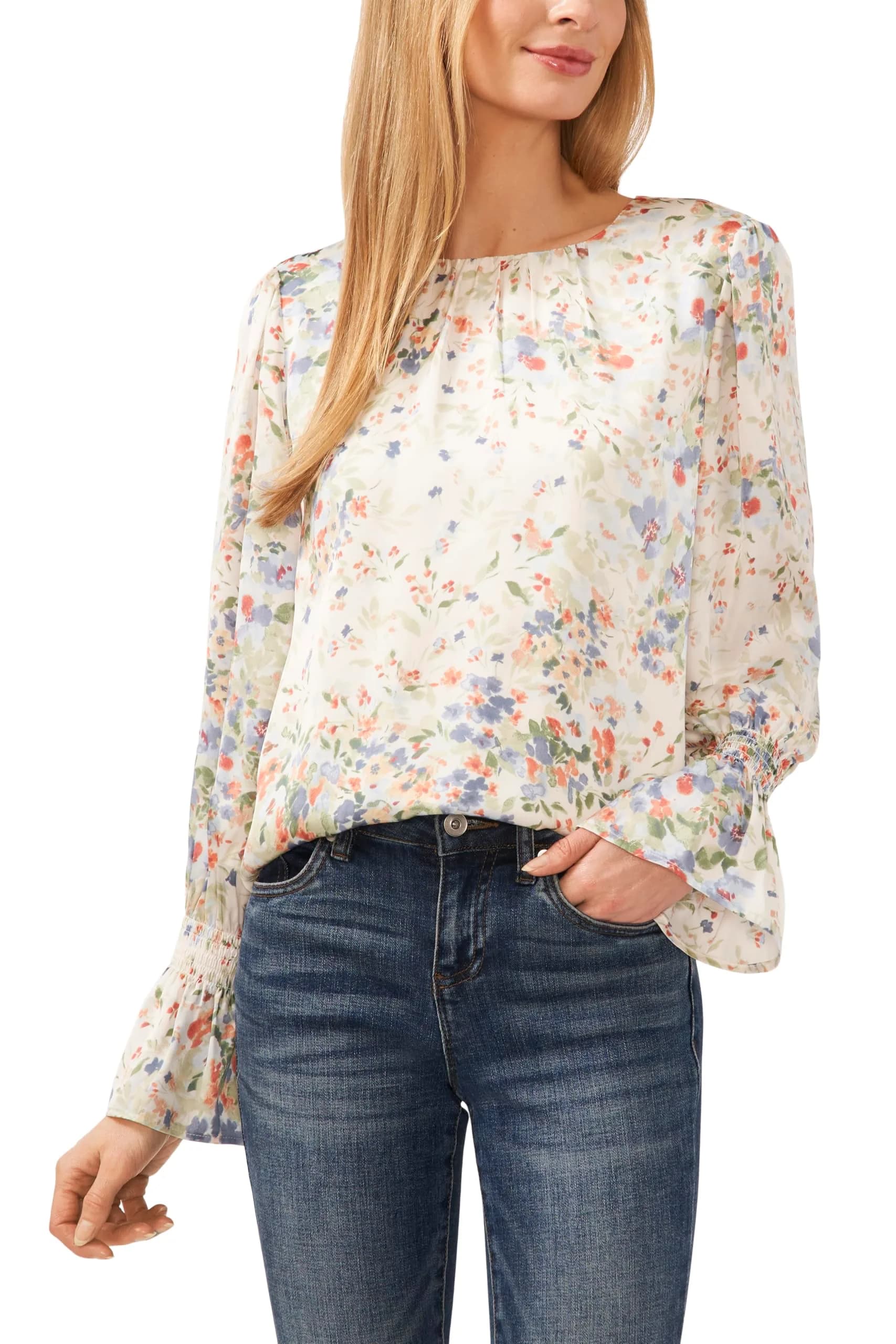 CeCe Long Sleeve Blouse | Crew Neck with Smocked Cuffs, Light Polyester, Regular Fit (70-120c)