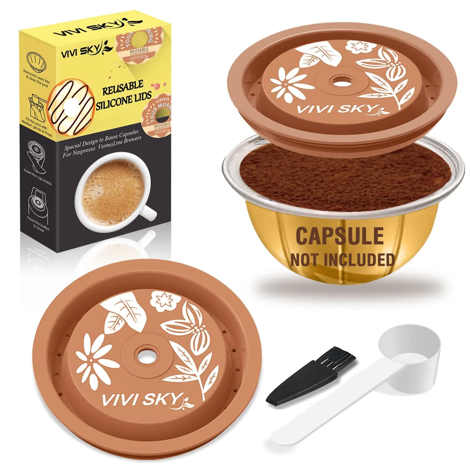 VIVI SKY Silicone Lids for Nespresso Vertuo Pods: 2 Pack Reusable Covers | Brown - main product image