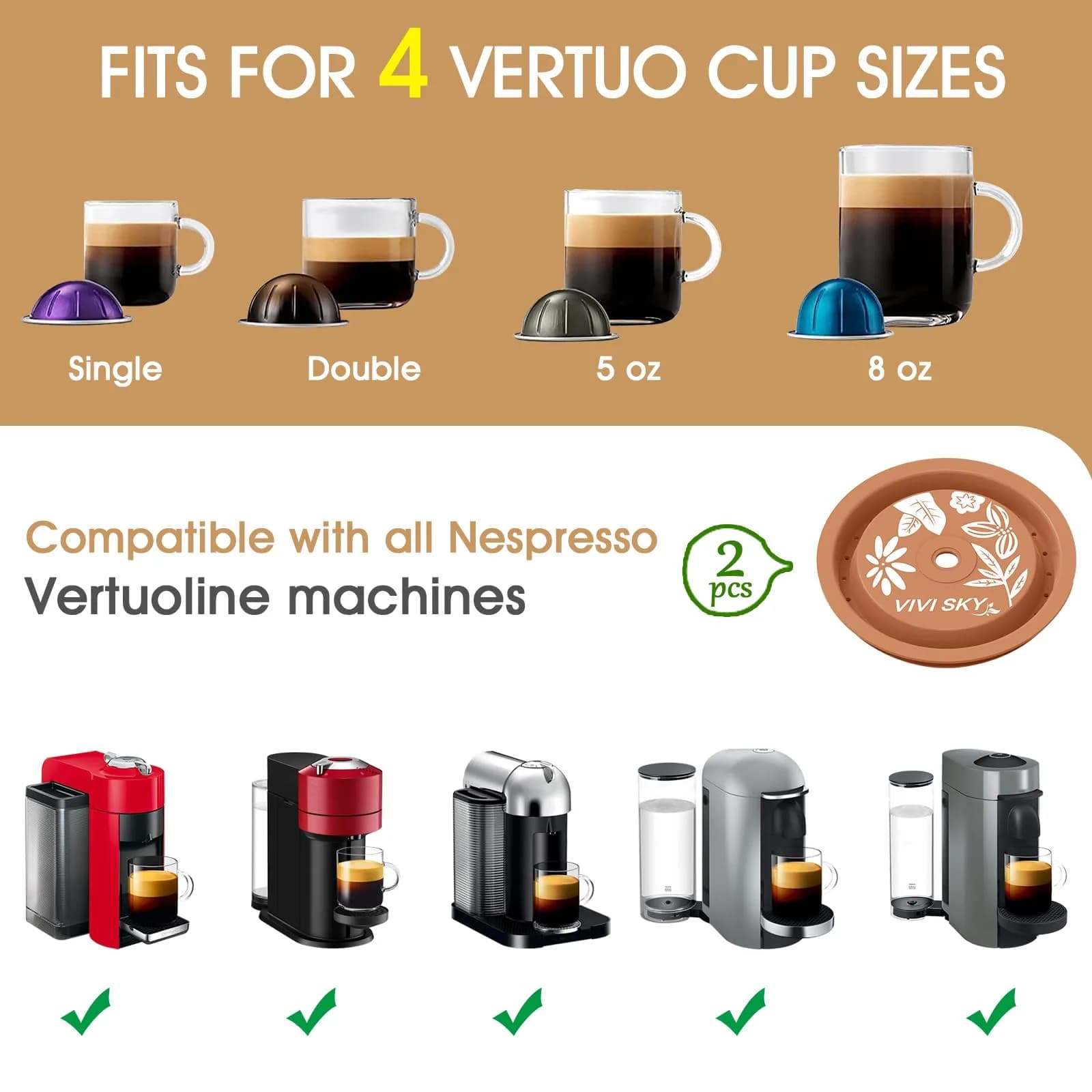 VIVI SKY Silicone Lids for Nespresso Vertuo Pods: 2 Pack Reusable Covers | Brown - view 4