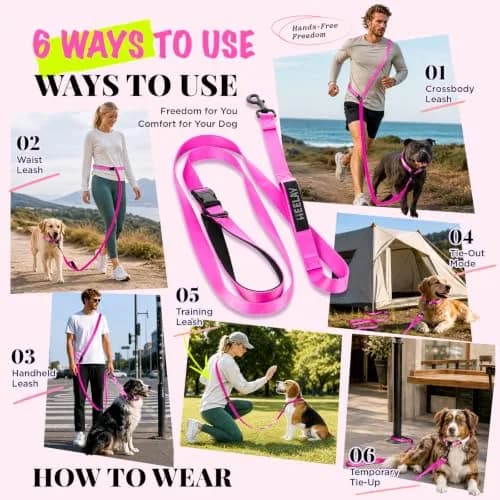 Heelay Hands Free Dog Leash 2.5m (8.2ft) Multifunctional Crossbody Rope with Foam Handle, Pink | Adjustable Training Leash for Medium-Large Dogs thumbnail 6