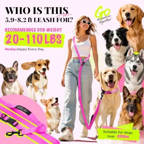 Heelay Hands Free Dog Leash 2.5m (8.2ft) Multifunctional Crossbody Rope with Foam Handle, Pink | Adjustable Training Leash for Medium-Large Dogs thumbnail 2