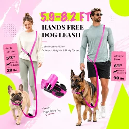Heelay Hands Free Dog Leash 2.5m (8.2ft) Multifunctional Crossbody Rope with Foam Handle, Pink | Adjustable Training Leash for Medium-Large Dogs thumbnail 3