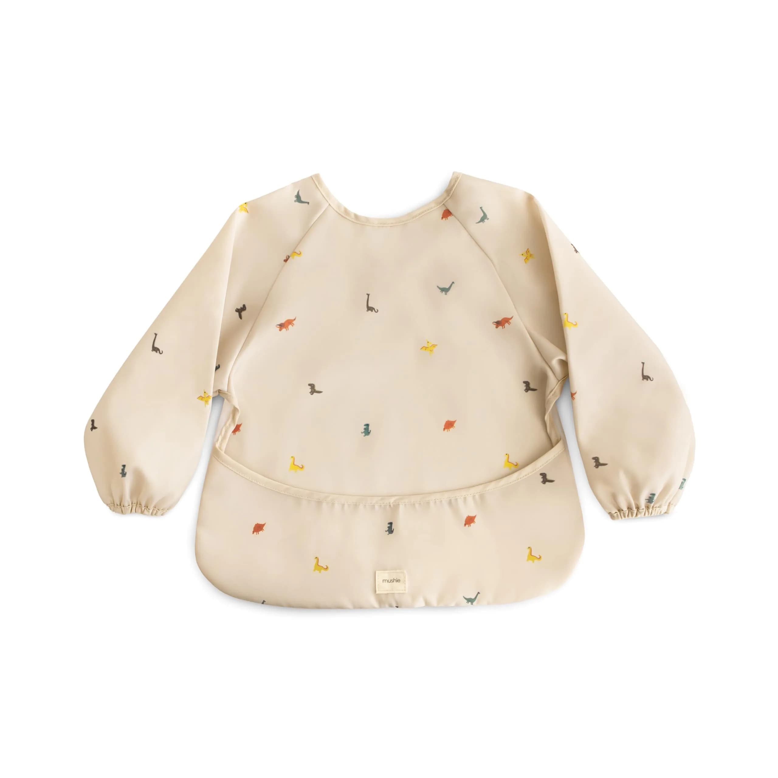 mushie Long Sleeve Baby Bib | Water Resistant Adjustable Fit (Dinos)
