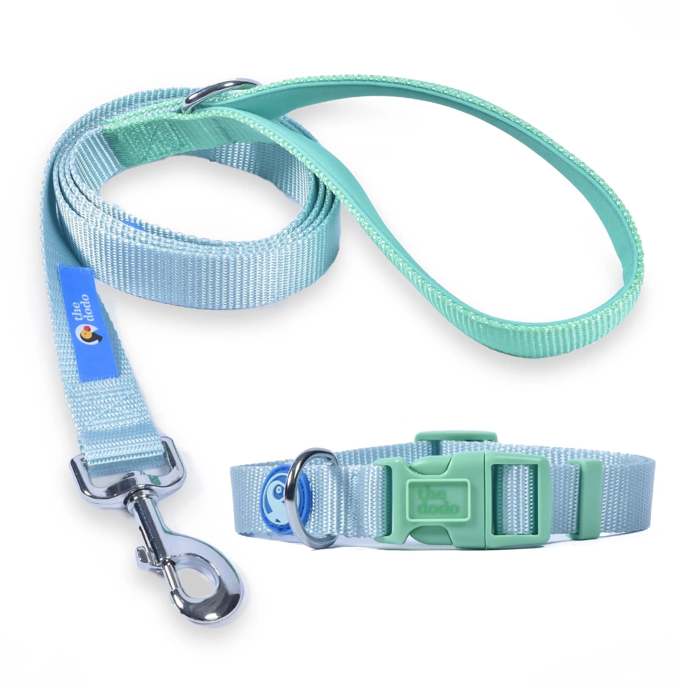 The Dodo All Nylon Blue and Green Collar and Leash Set - Small; Matching Waterproof Dog Accessories — Green