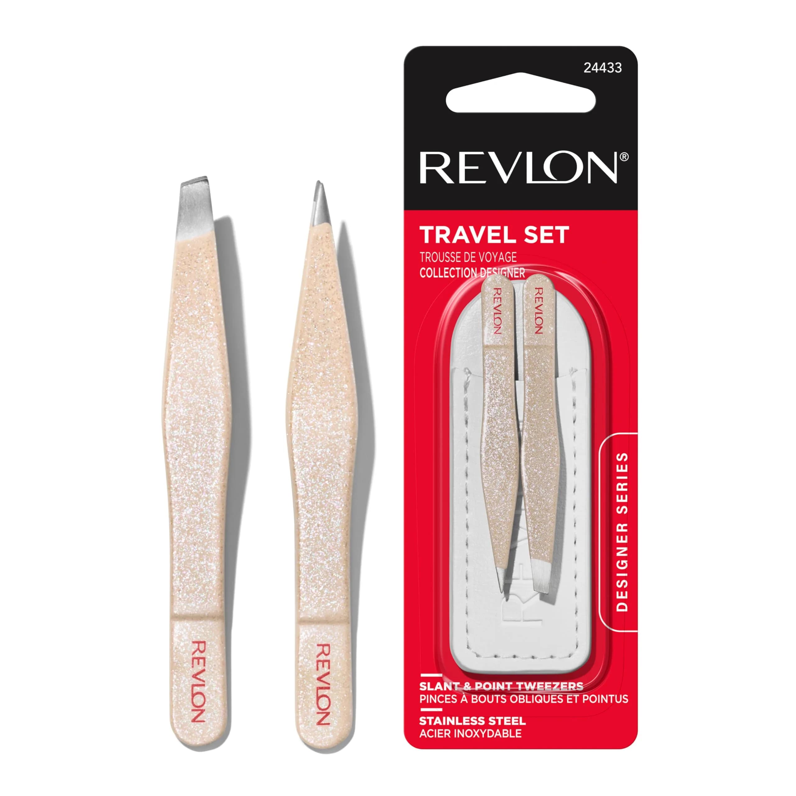 Revlon Designer Series Mini Tweezer Set for Travel | Precise Hair Removal Tools — Beige