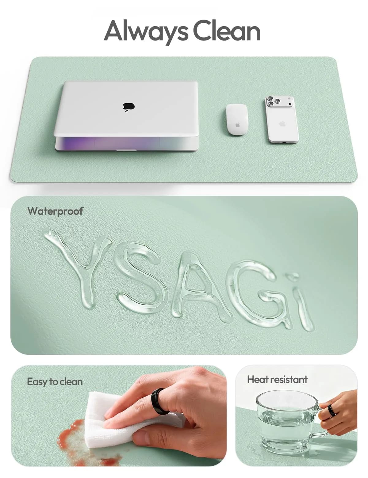 YSAGi Pale Green Desk Protector Pad with Large Mouse Mat, 35.4" x 17" | Protects Desks from Scratches, Stains, and Scuffs - view 8