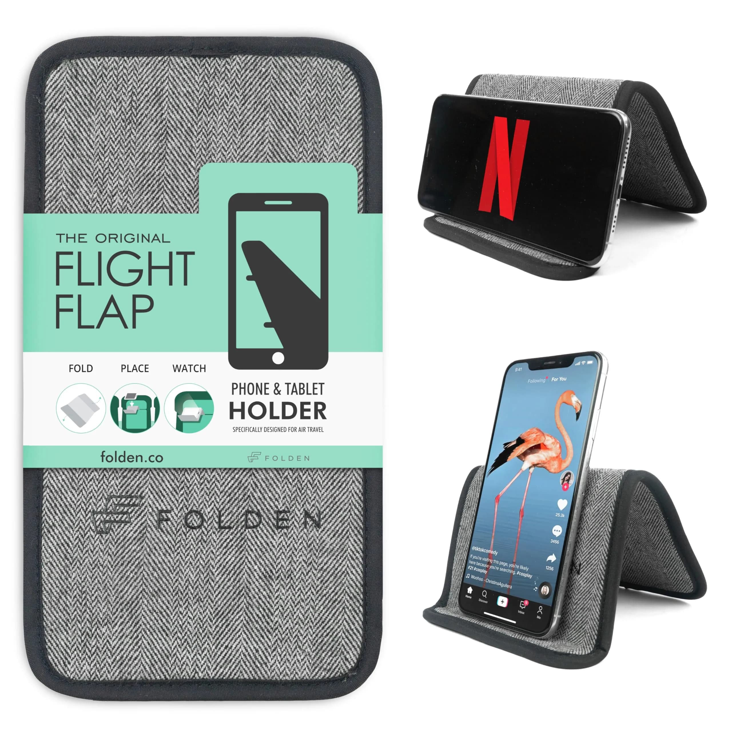 Flight Flap Large Tweed Airplane Phone Holder | Flexible Portable Stand for Plane Travel - main product image