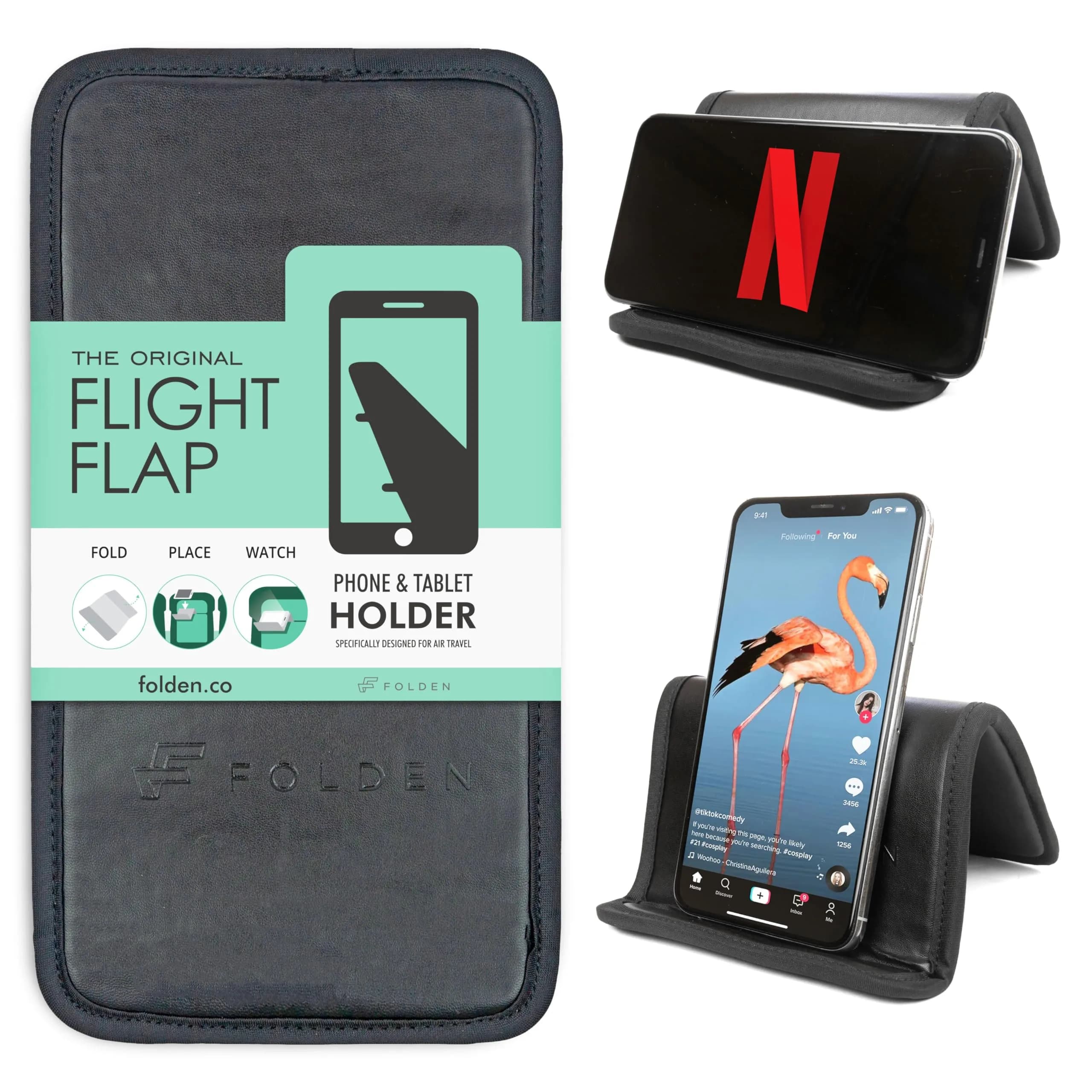 Flight Flap Large Vegan Leather Airplane Phone Holder - Secure & Foldable Stand for Plane Travel - main product image