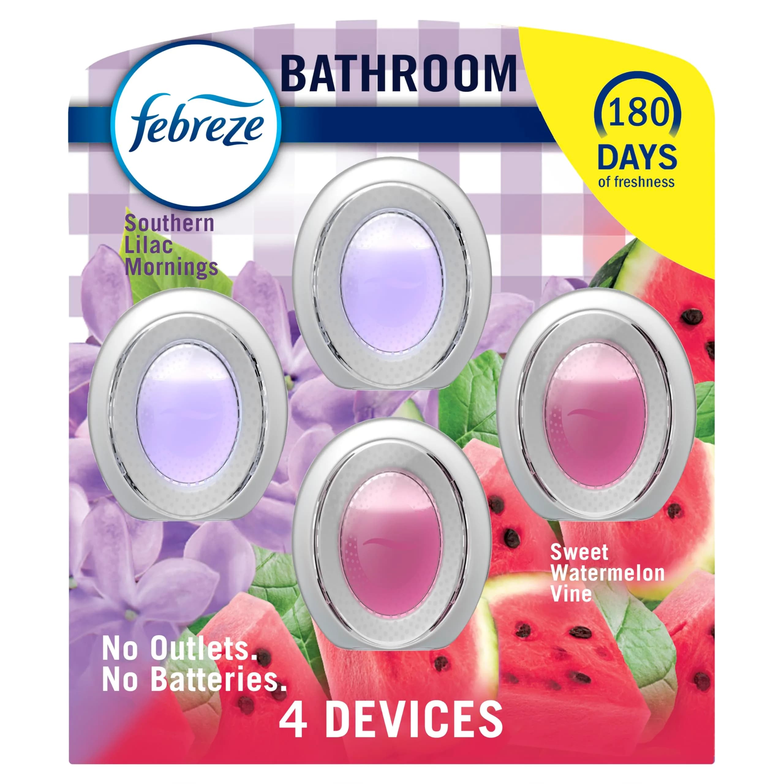 Febreze Bathroom Air Freshener Lilac & Watermelon Scents, 4ct | Odor Fighting Plug-In Alternative for Small Spaces - main product image