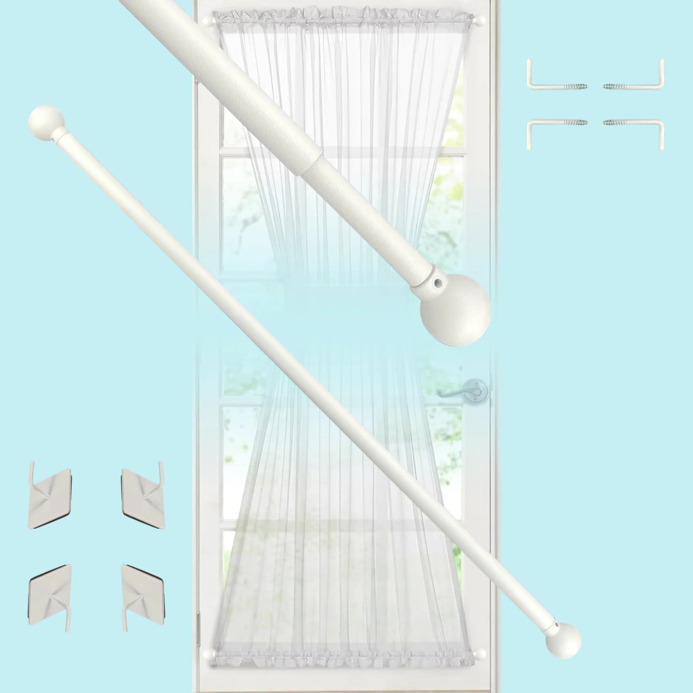 ARNORX Cafe Curtain Rods for French Door 2 Pack, Adjustable 16-28 Inch, 3/8" Diameter, White – Screw Mount & Adhesive — Matte White -2 Pieces