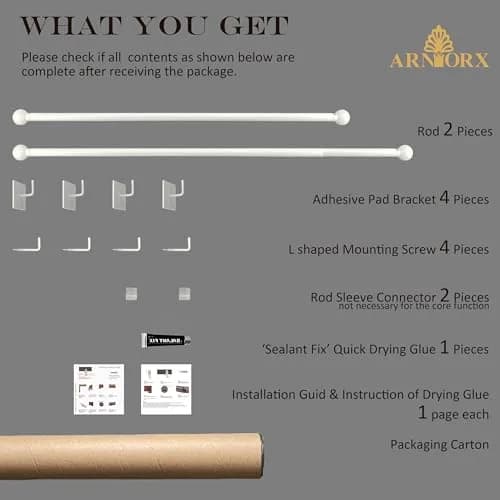 ARNORX Cafe Curtain Rods for French Door 2 Pack, Adjustable 16-28 Inch, 3/8" Diameter, White – Screw Mount & Adhesive thumbnail 6
