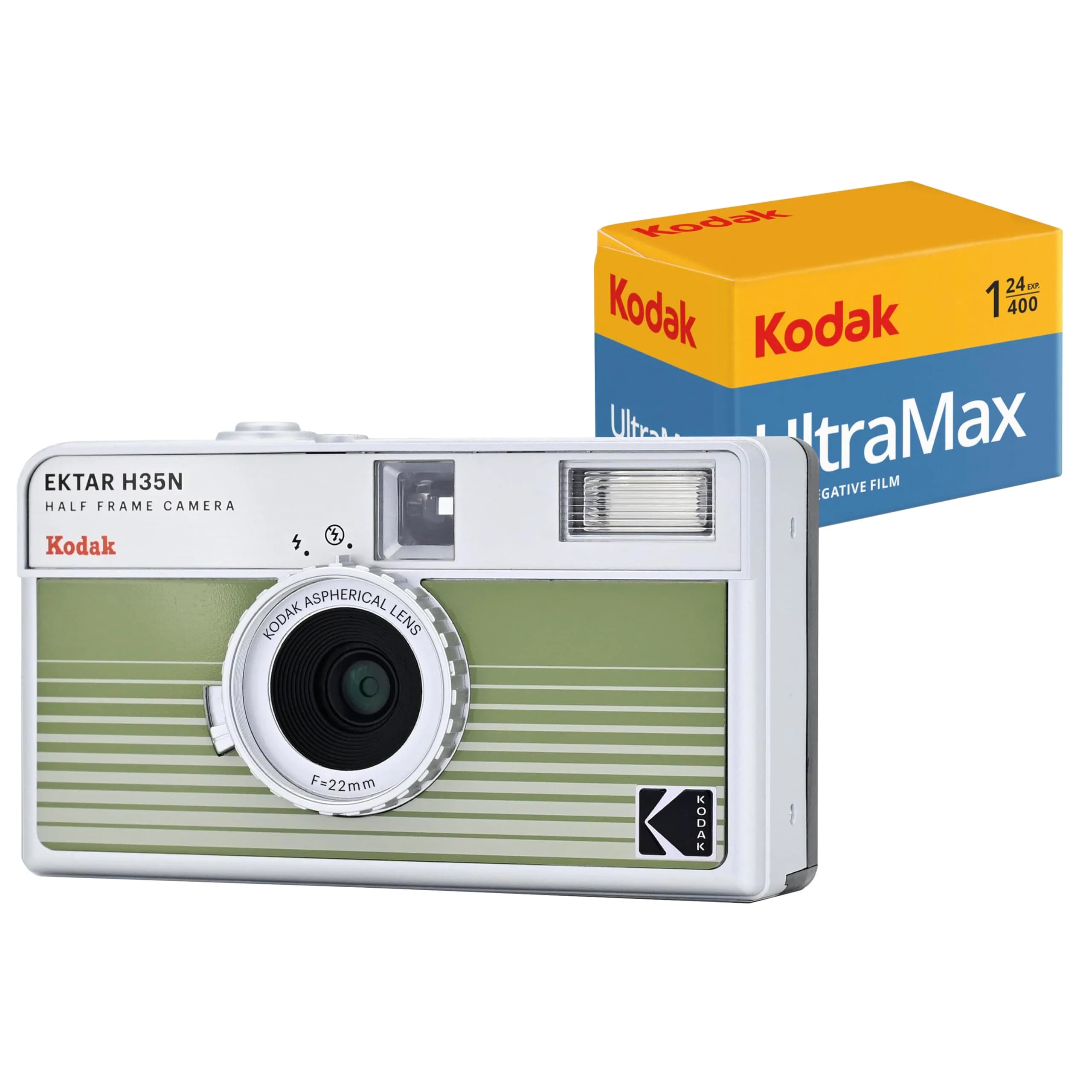 Kodak EKTAR H35N Half Frame Film Camera Bundle with Kodak Ultramax 400/24EXP 35mm Roll Film | Vintage Camera for Film Photography — Striped Green