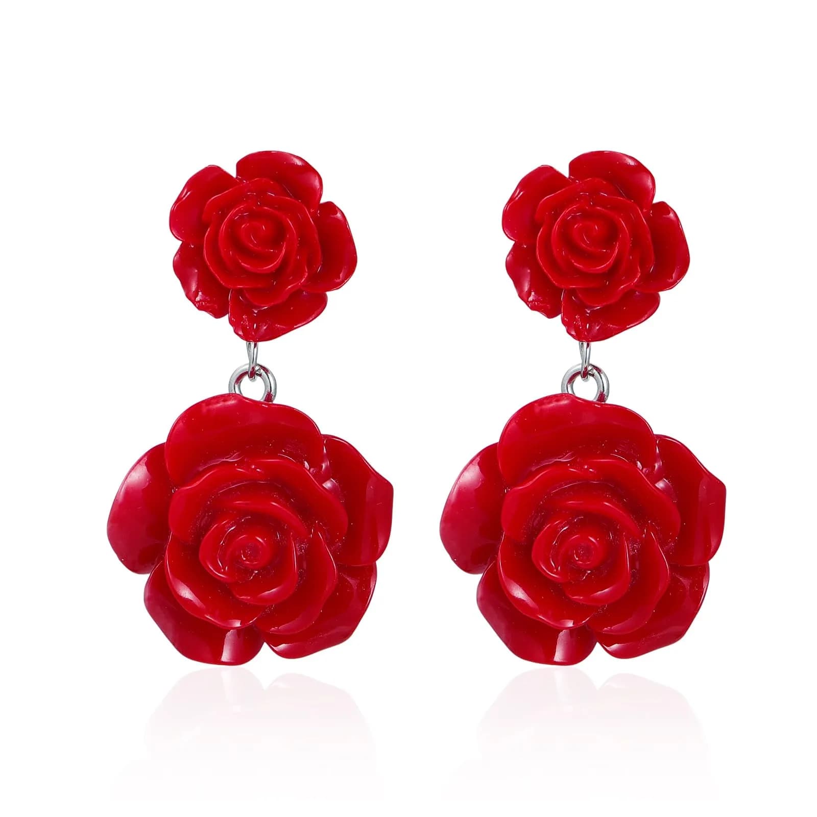 Caiyao Red Rose Flower Earrings Ring Vintage Enamel Dangle Jewelry for Women | Double Rose Design